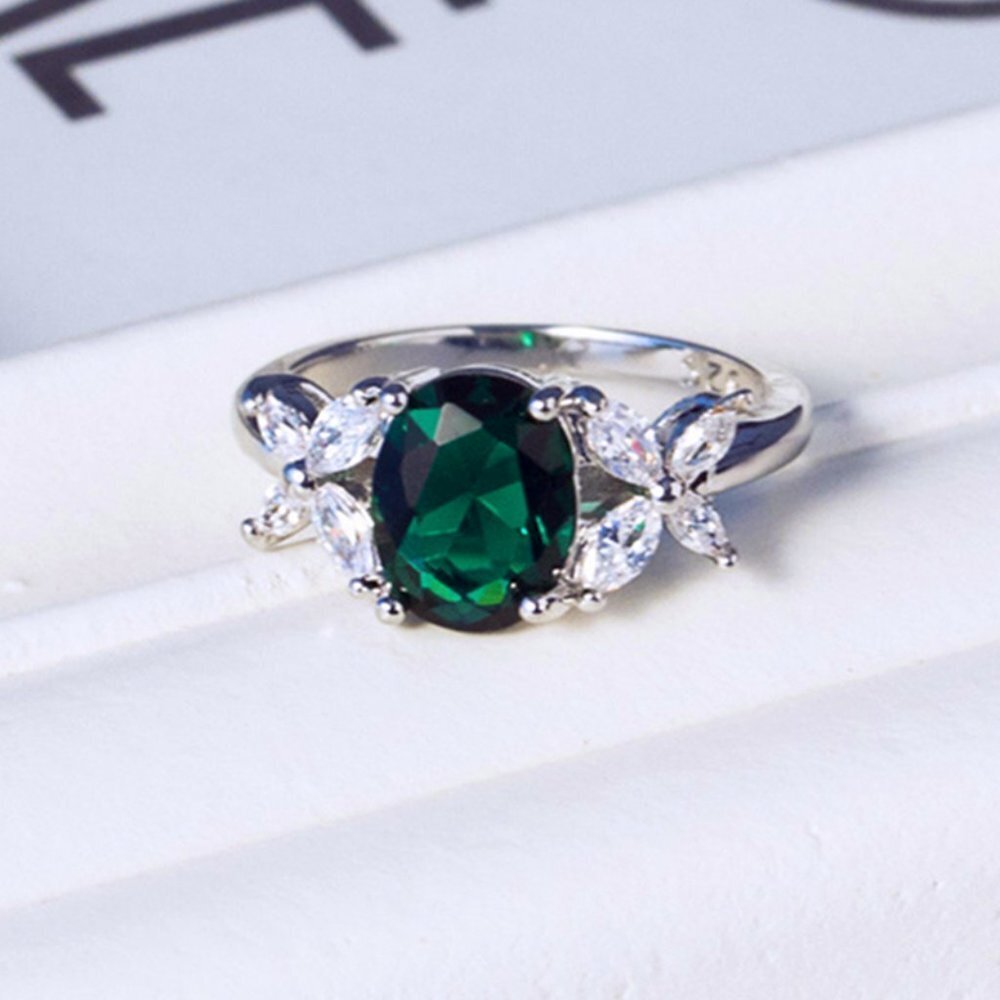 💥 Dainty Oval Green Zircon Emerald Elegant Silver Rings for Women EVGG1252